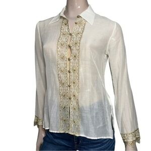 D. Exterior Womens S Ivory Cream Cotton Silk Blend Semi Sheer Button Front Shirt